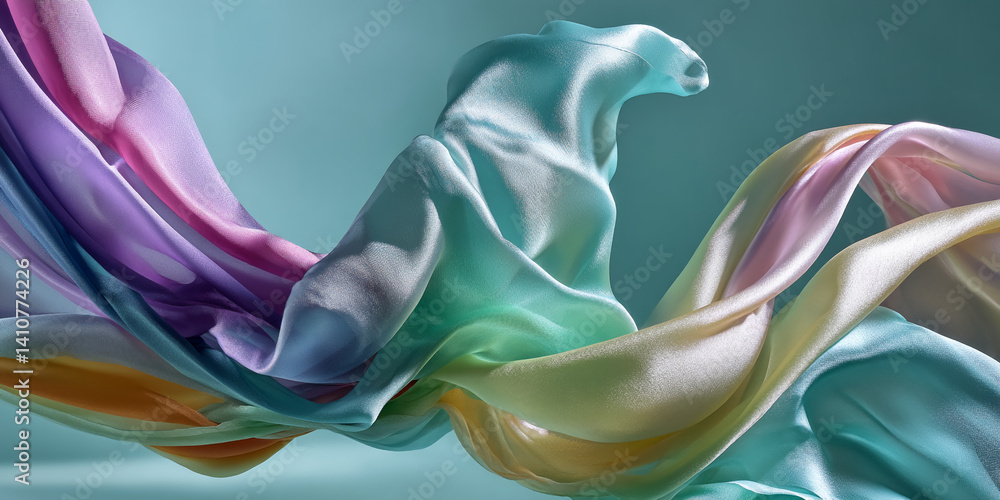 Poster pastel-colored silk fabric flows dynamically, creating an abstract design suggestive of lightness, e