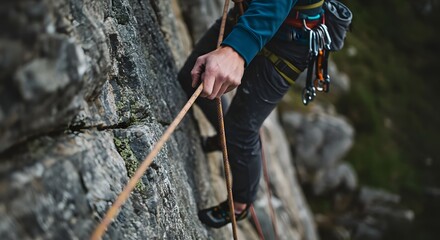 A climber's hand grips a rope as they ascend a rugged and rocky cliff face.