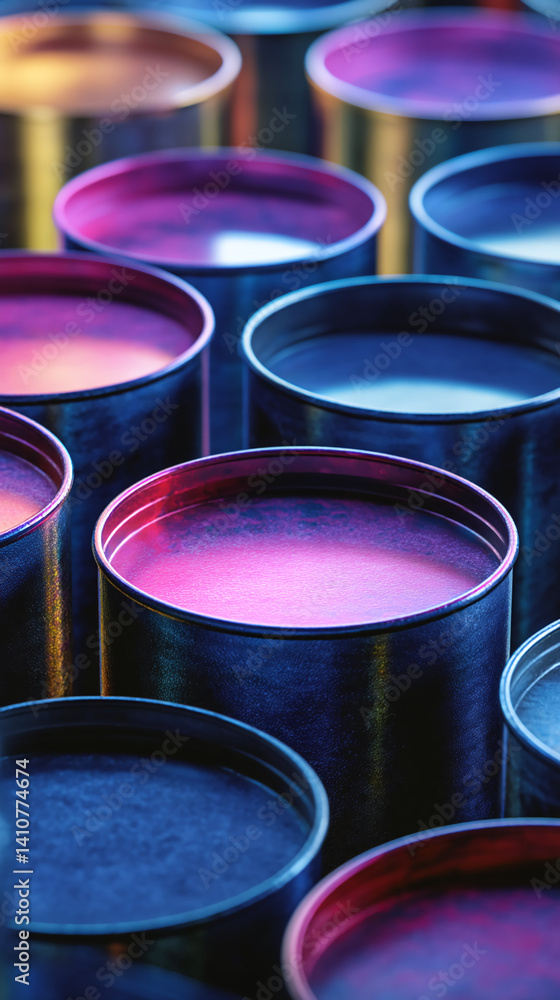 Poster Close-up of multiple cylindrical containers with vibrant purple, blue and pink liquid inside creating colorful and abstract pattern showcasing variety of hues and textures, ideal for design background