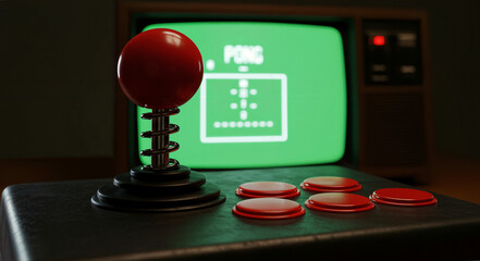 A classic arcade joystick with red buttons in front of a retro television Perfect for themes of gaming history, nostalgia, and retro entertainment
