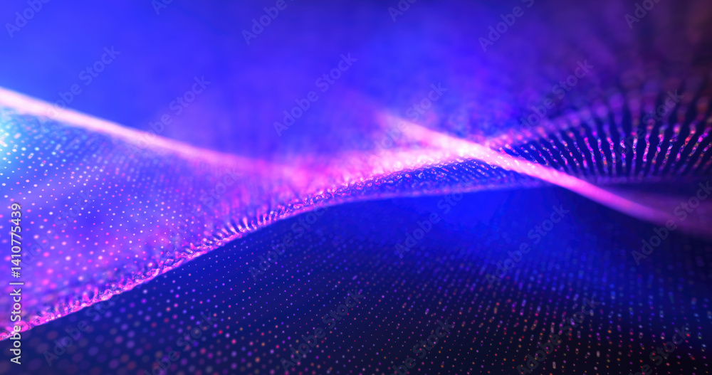 Poster abstract purple and blue digital wave pattern, creating a vivid and energetic visual with a blend of