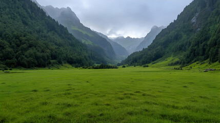 Obraz premium Green Valley With Lush Forest And Mountains