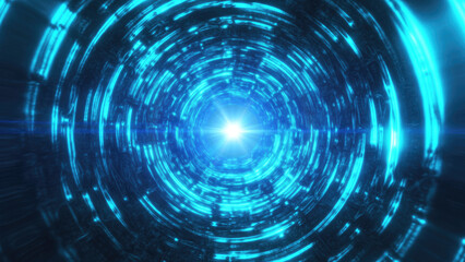 A futuristic tunnel with blue light radiating from the center, giving a cyberpunk and high-tech ambiance with glowing, circular energy waves background
