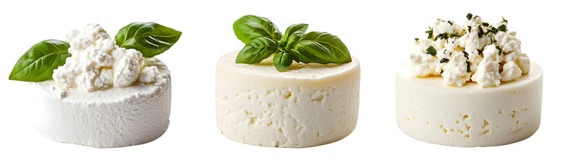 Set of ricotta cheese with basil isolated on white background. Concept of dairy products and healthy eating.