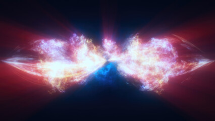 A mirrored abstract pink and blue swirling energy, forming a cosmic and futuristic design