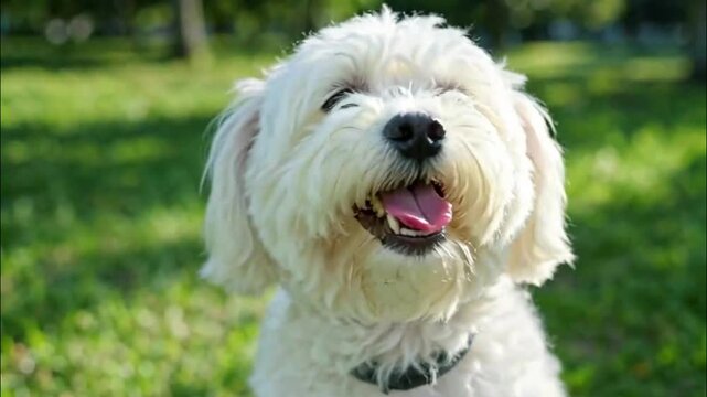 A happy and fluffy Maltese dog with the tongue out smiling after a walk in the park; blurred background with a park filled with green grass; sunny day; funny and cute; doggie and puppy; Bichon fries