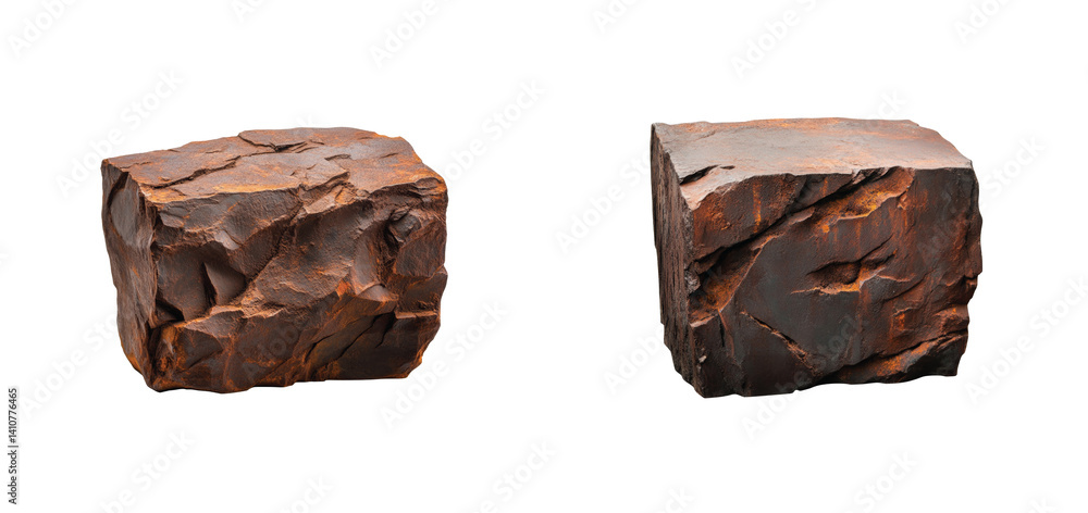 Poster close-up view of two textured rusty metal blocks with jagged edges and rough surfaces