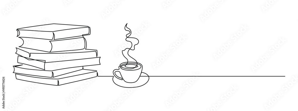 Poster stack books and cup of coffee in one continuous line drawing. bookshelf and knowledge library concep