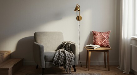 Interior Comfort, Light Beige Armchair with Cozy Blanket, Reading Nook with Wooden Side Table and Red Pillow for Relaxation, Quiet Living Room Scene