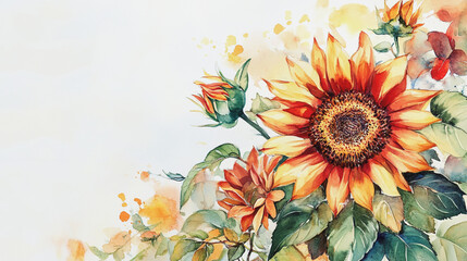 watercolor botanical Sunflower flowers texture template background.Elegant wedding invitation card background . Minimal hand painted Design for wedding or Valentine's Day