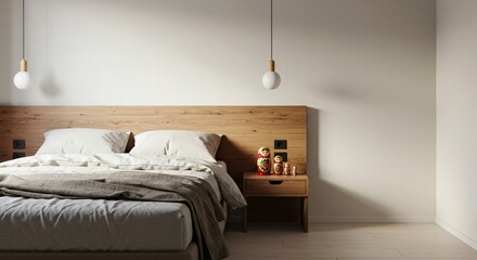 Bedroom interior with nesting dolls on nightstand, cozy minimal style home decor, domestic hygge scene, modern personal space for rest and comfortable lifestyle.
