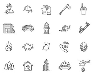 Firefighting 20 icons set depicting emergency tools and services  