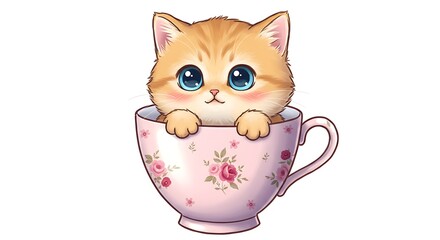 Cartoon kitten in a teacup with blushing cheeks, white background