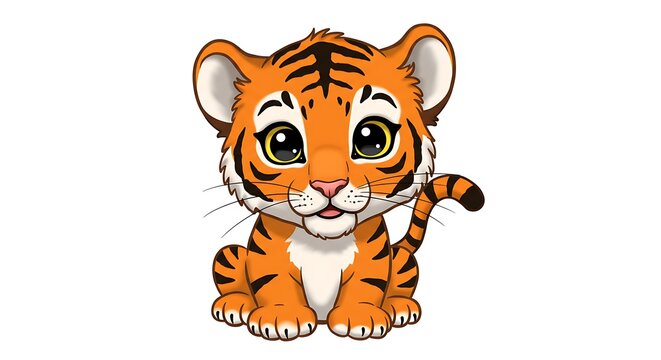 Cartoon tiger cub with big paws and playful eyes, white background