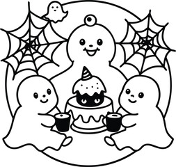Kawaii Ghost Cupcake Party – Cute Halloween Coloring Page with Spider Web and Bats
