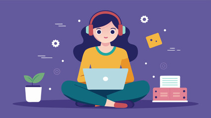A girl with a laptop open on her lap headphones on lost in her coding project as she blocks out all distractions.. Vector illustration