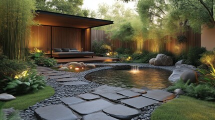 Serene Garden Oasis with Modern Outdoor Seating and Illuminated Water Feature
