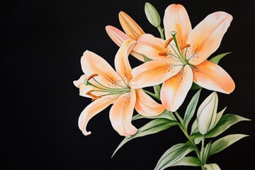 Fototapeta premium Delicate orange lilies on black backdrop.