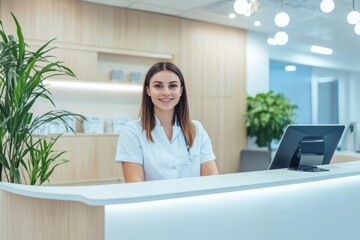 healthcare receptionist behind a modern desk, ready to greet patients in beauty clinic
