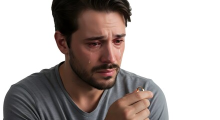 Sad man looking at a ring with tears in his eyes, grieving the end of a relationship and the pain of divorce.