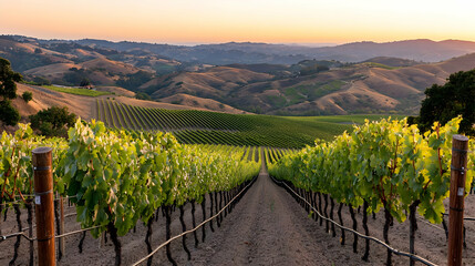 Vineyard Rows At Sunset In Rolling Hills