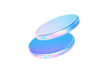 3d glass disk shape hologram effect. Render abstract neon pink blue coin. Fly round podium, disc, badge, lens, plate crystal isolation. Y2k hologram shape. Vector trendy illustration
