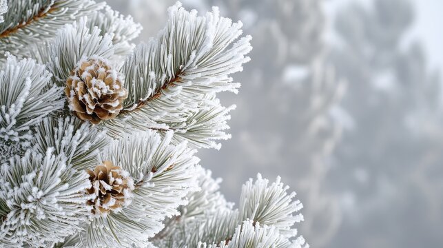 Frozen pine branch with winter cones beautiful nature scene winter wonderland icy snow cold tree calm - Powered by Adobe