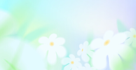 Spring or summer season blur background. Abstract gradation green blue color backdrop, spring white flowers, leaves, sky. Chamomile bg. Soft gradient mesh illustration - obrazy, fototapety, plakaty