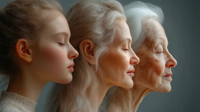 A woman aging process depicted through facial changes, emphasizing beauty of each stage, from youth to older years, capturing the grace and strength that evolve with time, marking a life journey.