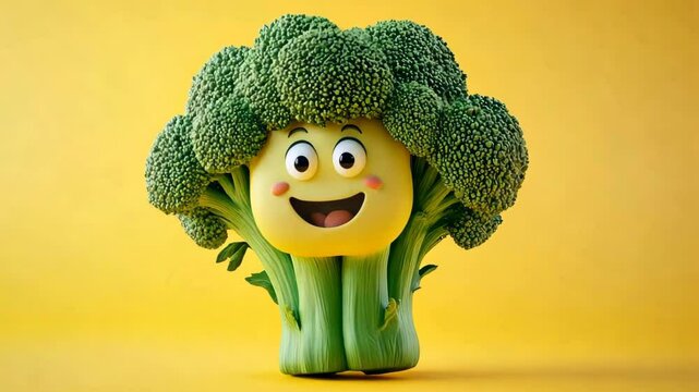 Cheerful cartoon broccoli character on yellow background, playful design suitable for funny graphics