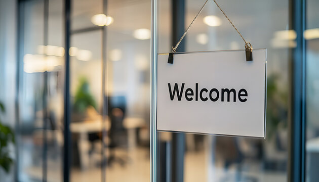 Welcome to the office white hanging sign on glass office door over blurred office background