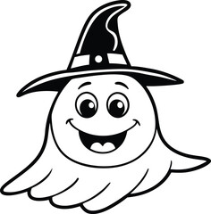 Smiling Cartoon Ghost with Witch Hat – Cute Halloween Coloring Page Illustration