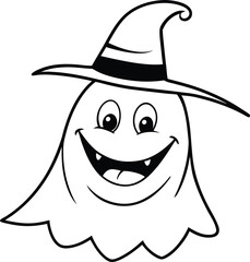 Smiling Cartoon Ghost with Witch Hat – Cute Halloween Coloring Page Illustration