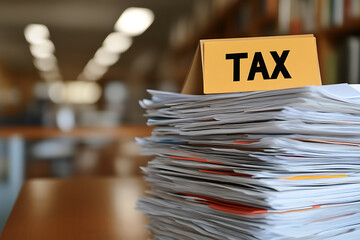 A stack of documents with a sign indicating the word "tax," connoting financial obligations and paperwork in a professional setting.