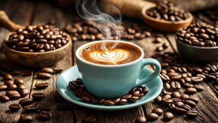 Steaming coffee cup surrounded by roasted beans