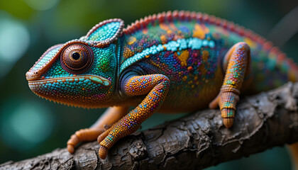 Obraz premium Vibrant chameleon with multicolored skin perched on a textured branch against a blurred green and yellow background.