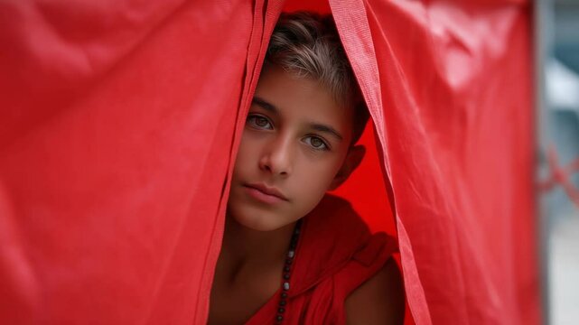 A young performer peeks out of a tent full of hope and nerves