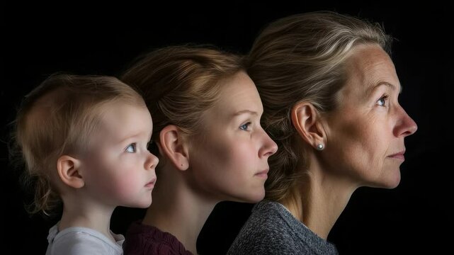 Aging journey of a woman, portraying the natural shifts in her face, symbolizing the passage of time and the evolution of identity, reflecting the wisdom and grace gained through the stages of life.