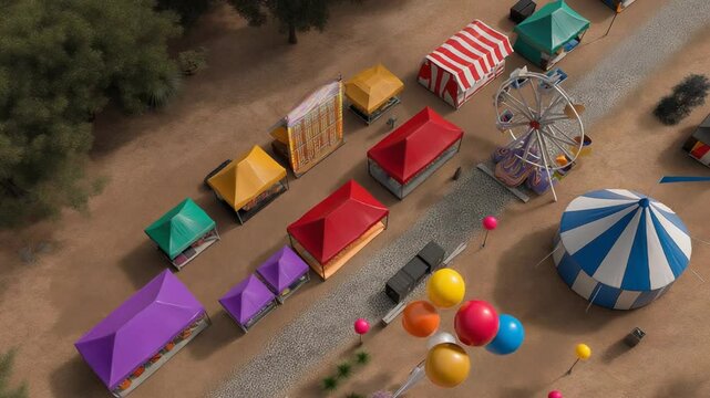 Circus Layout with Colorful Tents, Stalls, and Balloons