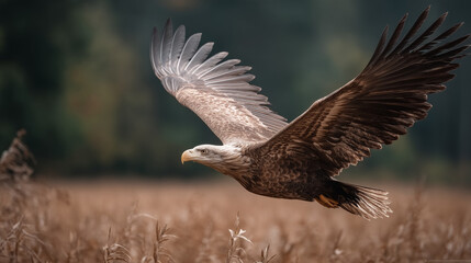 Fototapeta premium Hawk in Mid-Flight Above Wheat Crops