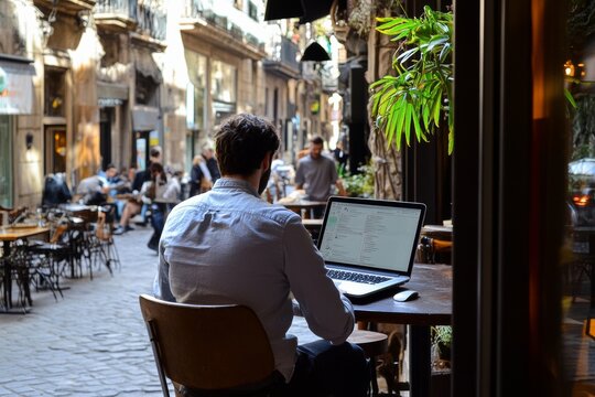 digital nomad lifestyle - remote worker enjoying tapas and drink  while working on a laptop in a bustling square at Mediterranean city