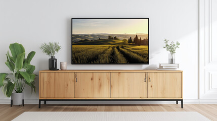 Modern Living Room with TV Displaying a Scenic Green Landscape