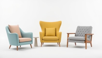 Fototapeta premium Modern Armchairs Set, Pastel and Mustard Yellow Upholstery