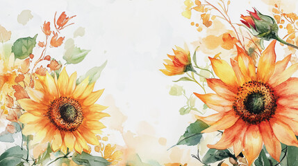 watercolor botanical Sunflower flowers texture template background.Elegant wedding invitation card background . Minimal hand painted Design for wedding or Valentine's Day