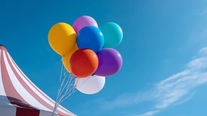 Vibrant balloons rising above a striped tent for community benefit