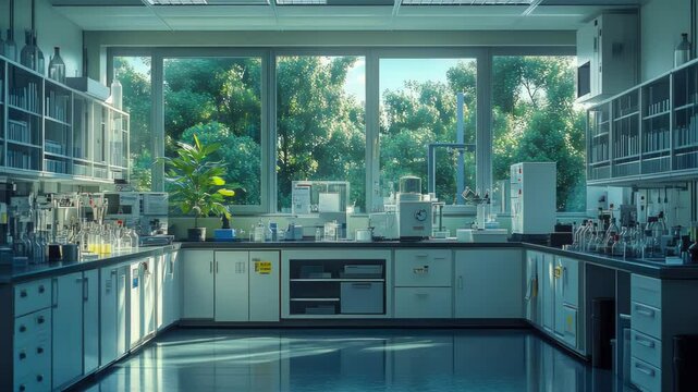A futuristic blue-lit laboratory with rows of scientific equipment and a scientist working. Ideal for technology, research, or innovation themes