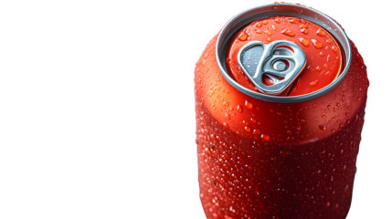 A refreshing beverage in a red can with condensation perfect for advertising and marketing vis