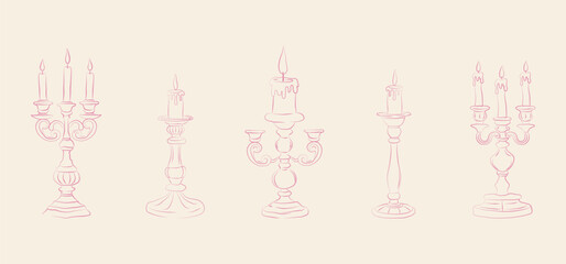 Set of elegant hand drawn vintage candlesticks with burning candles. Vector illustration