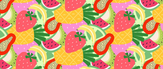 Bright summer tropical background with juicy fruits and berries. Ideal for fabric, tablecloth, packaging, cover, wallpaper.