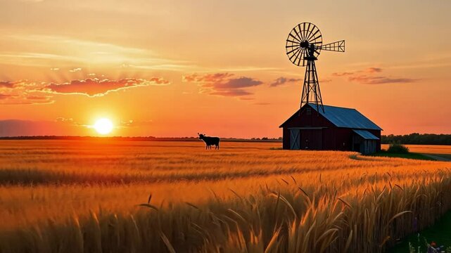 A wheat field with a barn and windmill at sunset with a cow standing in the distance view